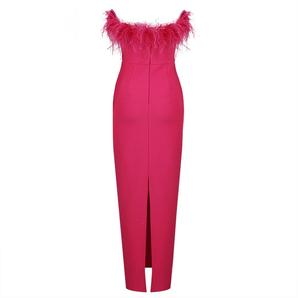 FEATHER BODYCON MAXI DRESS IN PINK