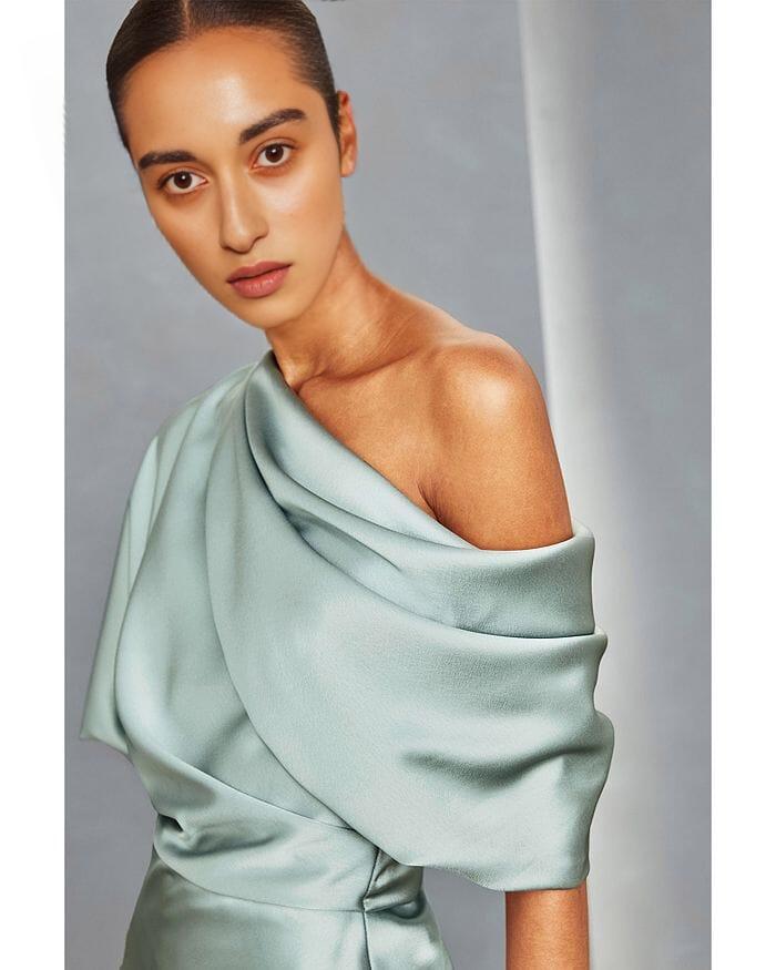 DRAPED SATIN ONE SHOULDER DRESS