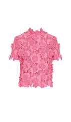 FLORAL LACE SHORT-SLEEVE BLOUSE SET IN PINK