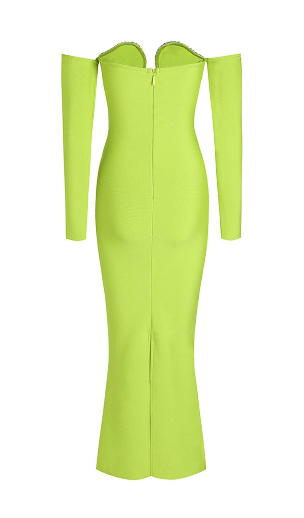 GREEN V-NECK OFF-SHOULDER LONG-SLEEVED MESH DIAMOND BANDAGE DRESS