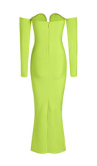 GREEN V-NECK OFF-SHOULDER LONG-SLEEVED MESH DIAMOND BANDAGE DRESS