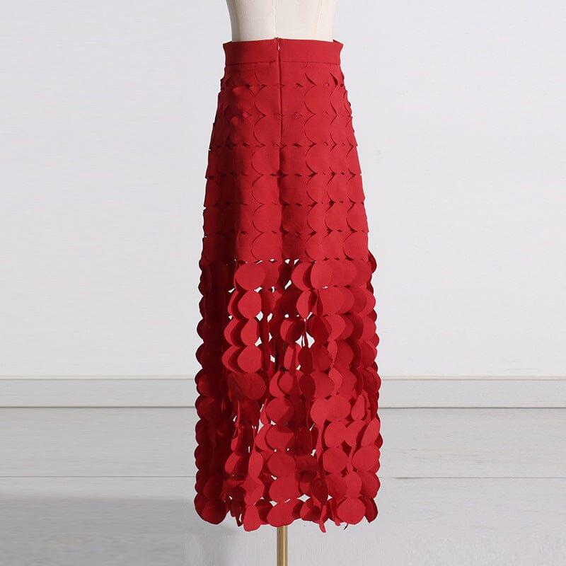 CIRCLE CUTOUT FRINGE SKIRT IN RED