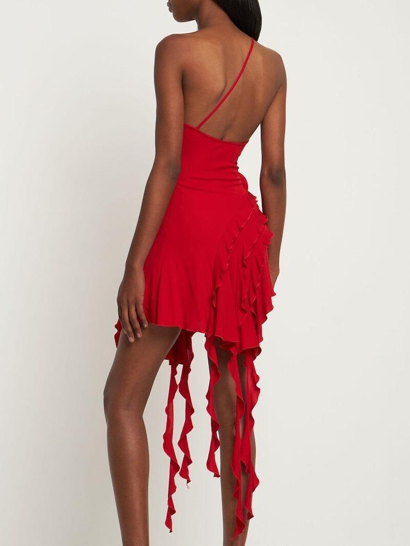 ROSE-DETAIL RUFFLED MINI DRESS IN RED