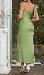 SATIN FOREST CORSET MAXI DRESS IN GREEN