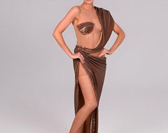 BROWN HIGH SPLIT SEQUIN DRAPE MAXI DRESS