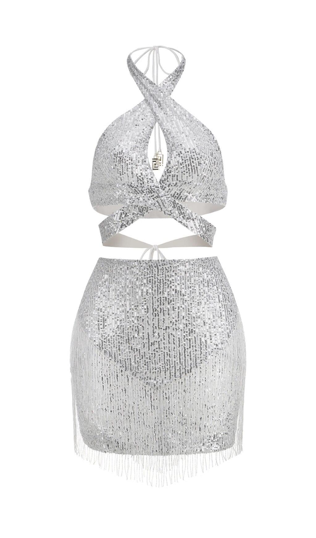 SEQUIN TASSEL BACKLESS MINI DRESS IN SILVER