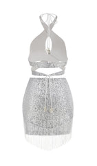 SEQUIN TASSEL BACKLESS MINI DRESS IN SILVER