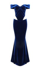 OFF SHOULDER WAIST HOLLOW VELVET MAXI DRESS IN BLUE