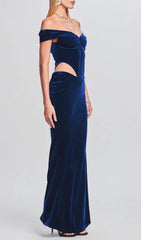 OFF SHOULDER WAIST HOLLOW VELVET MAXI DRESS IN BLUE