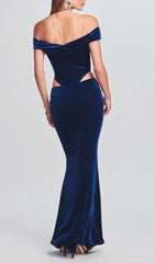 OFF SHOULDER WAIST HOLLOW VELVET MAXI DRESS IN BLUE