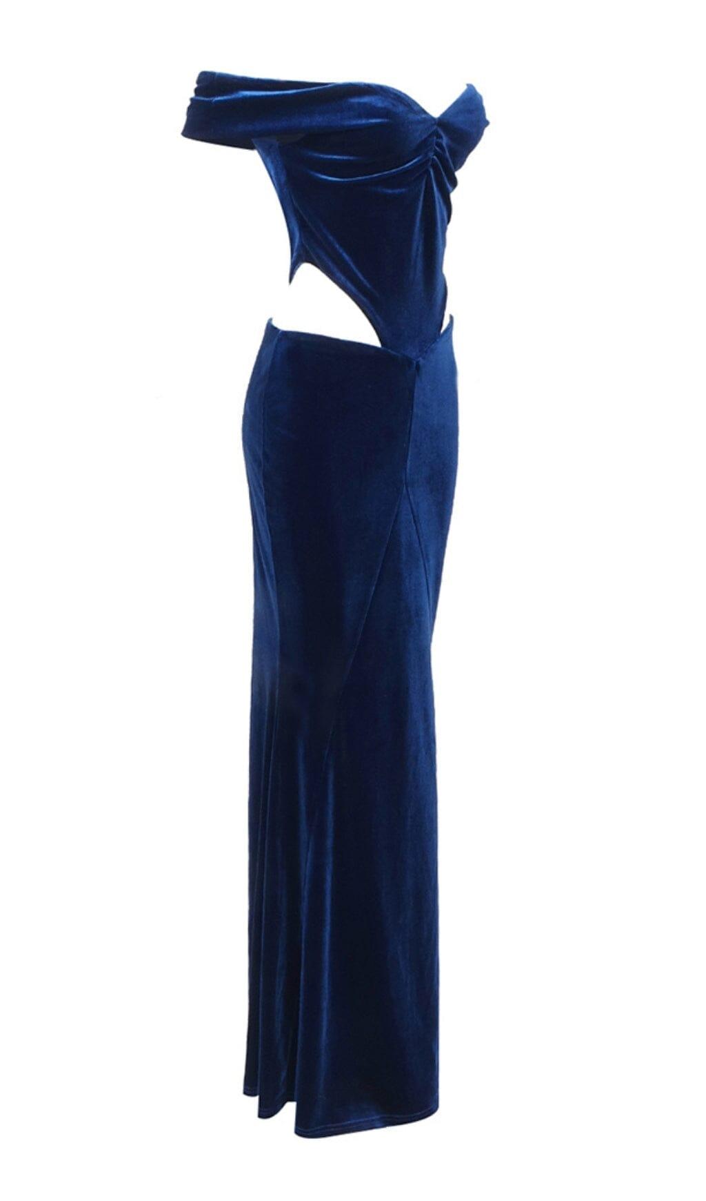 OFF SHOULDER WAIST HOLLOW VELVET MAXI DRESS IN BLUE