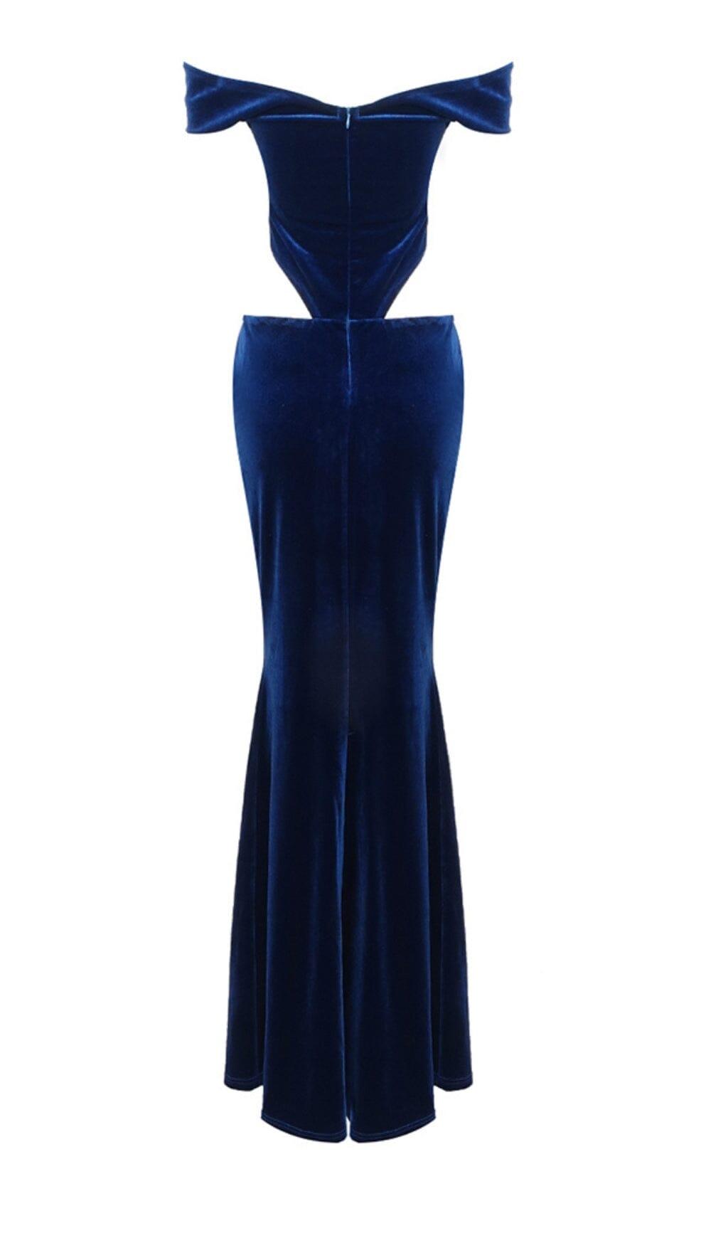 OFF SHOULDER WAIST HOLLOW VELVET MAXI DRESS IN BLUE