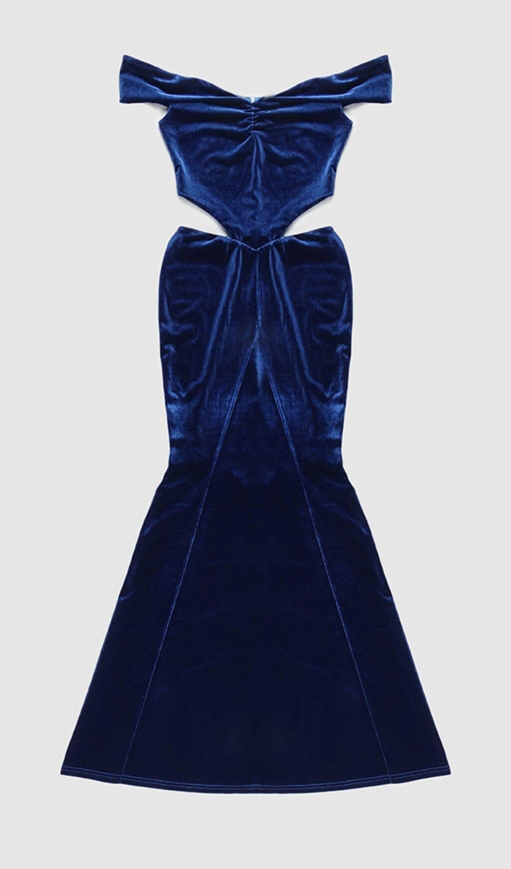 OFF SHOULDER WAIST HOLLOW VELVET MAXI DRESS IN BLUE