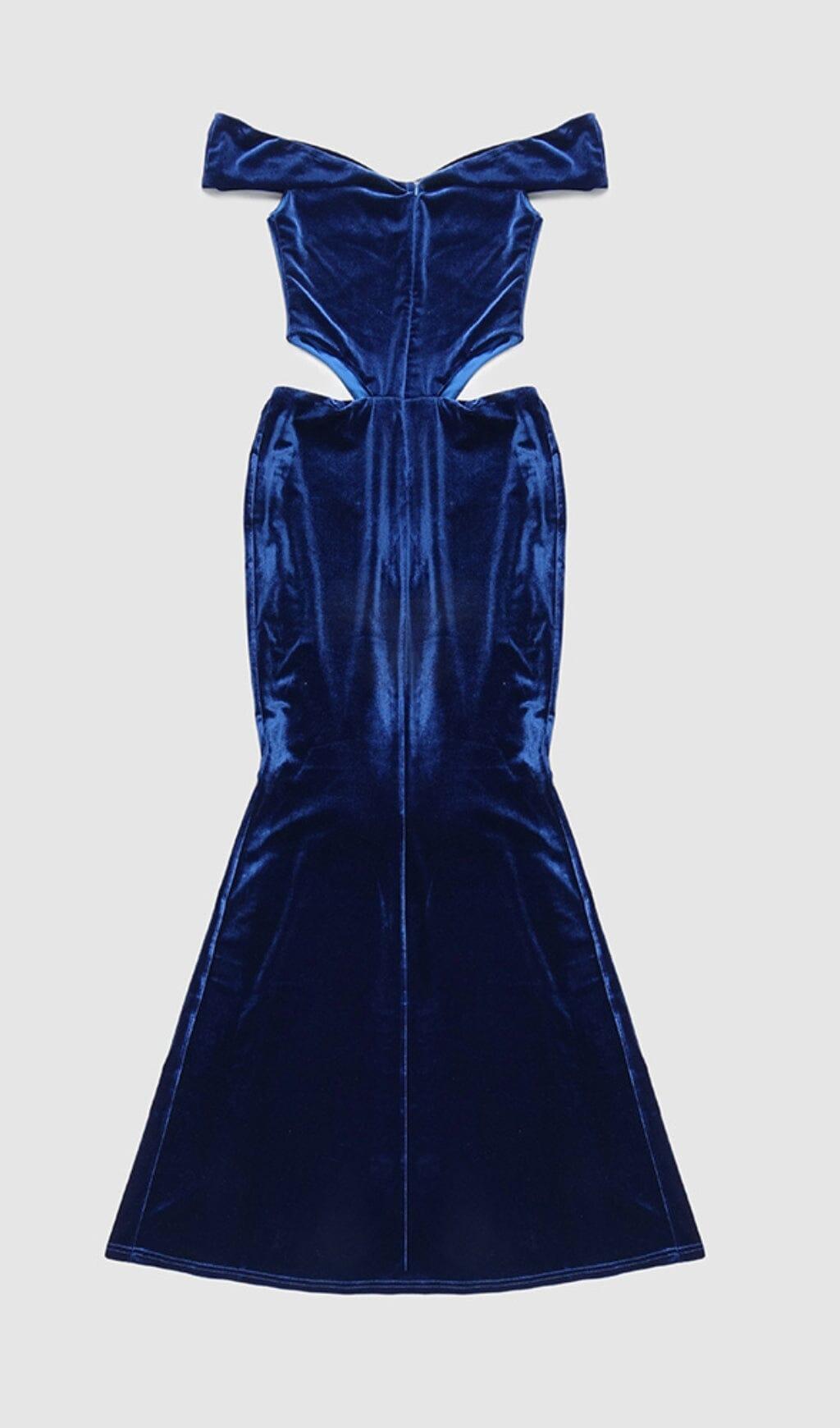 OFF SHOULDER WAIST HOLLOW VELVET MAXI DRESS IN BLUE