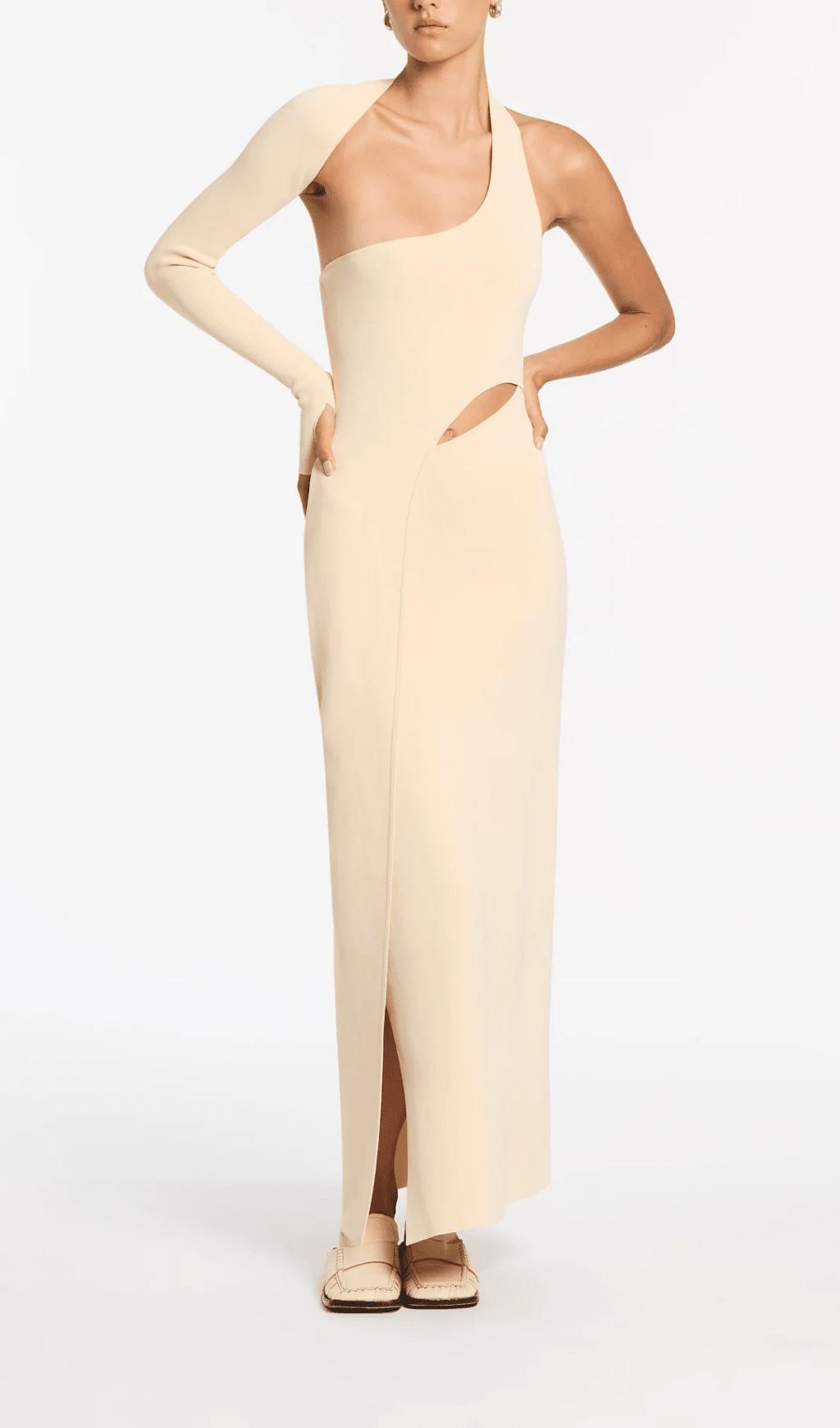 OFF-WHITE ONE-SLEEVE ELASTIC BANDAGE MIDRIFF-BARING MAXI DRESS