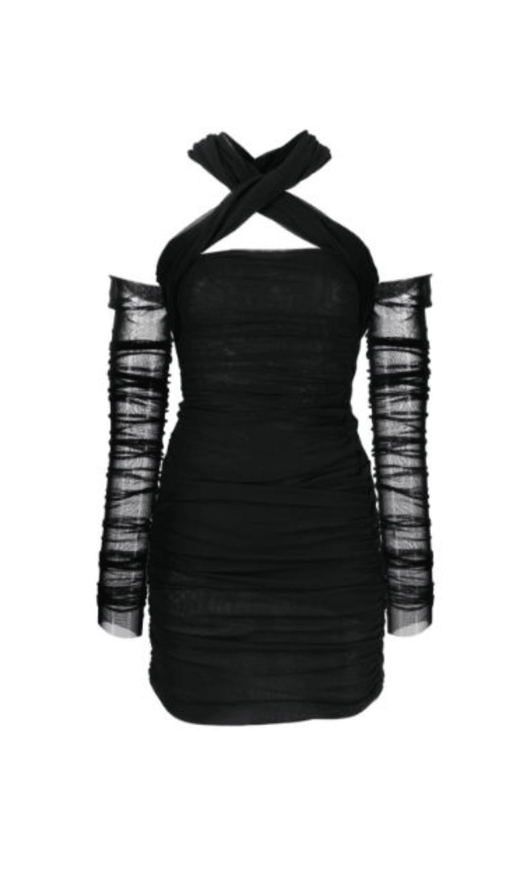 BLACK COLD-SHOULDER RUCHED TULLE MINI DRESS