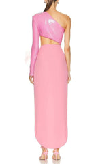 PINK SEQUIN CUT OUT MIDI DRESS
