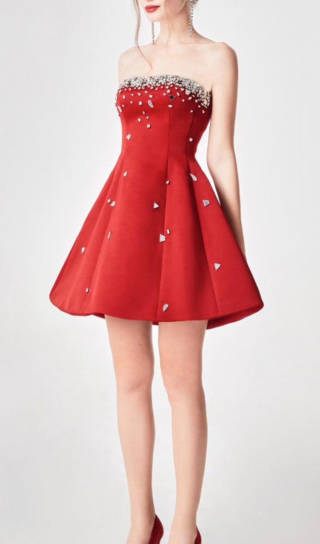 RED CRYSTAL-EMBELLISHED STRAPLESS MINI DRESS