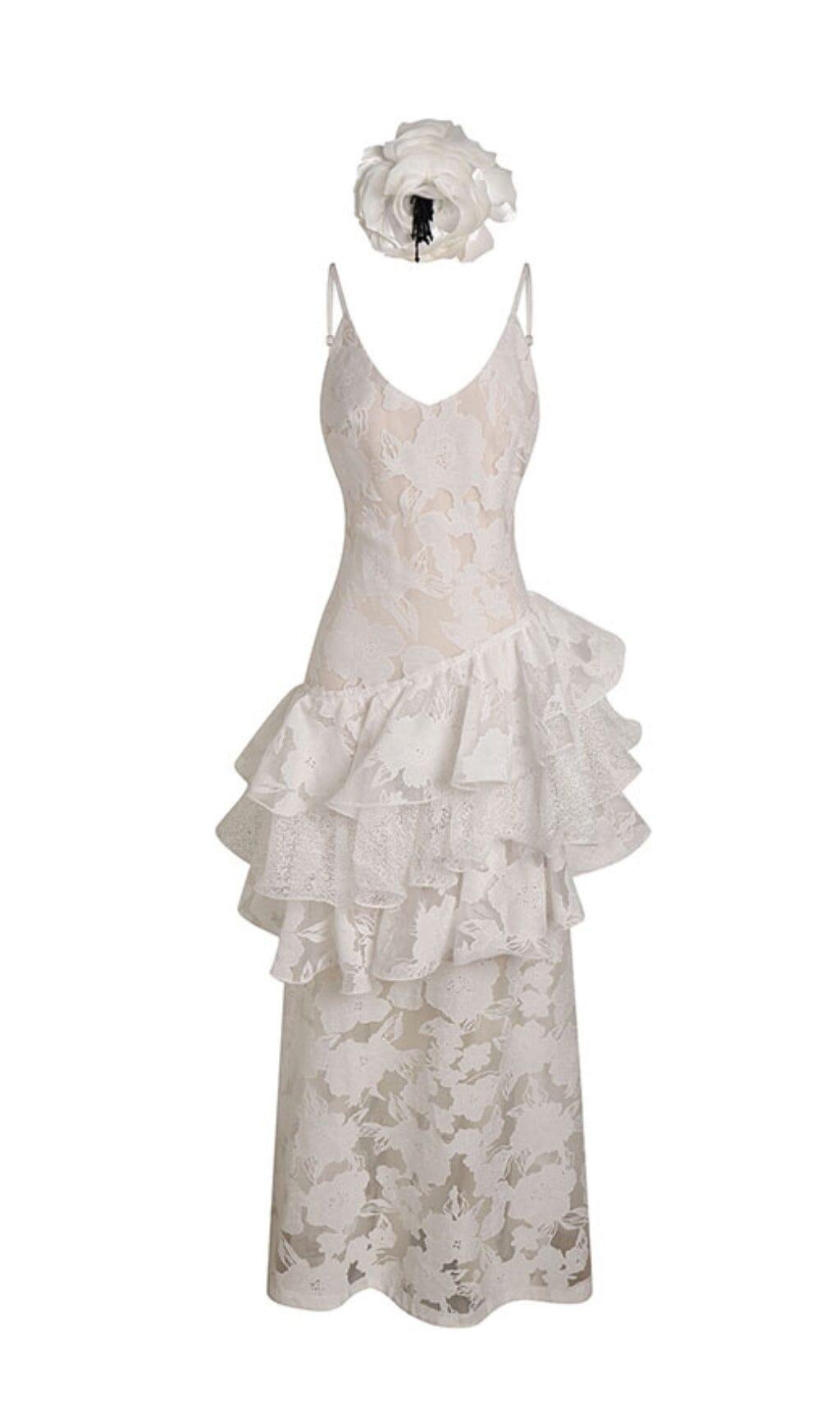 WHITE FLORAL TIERED LACE MAXI DRESS