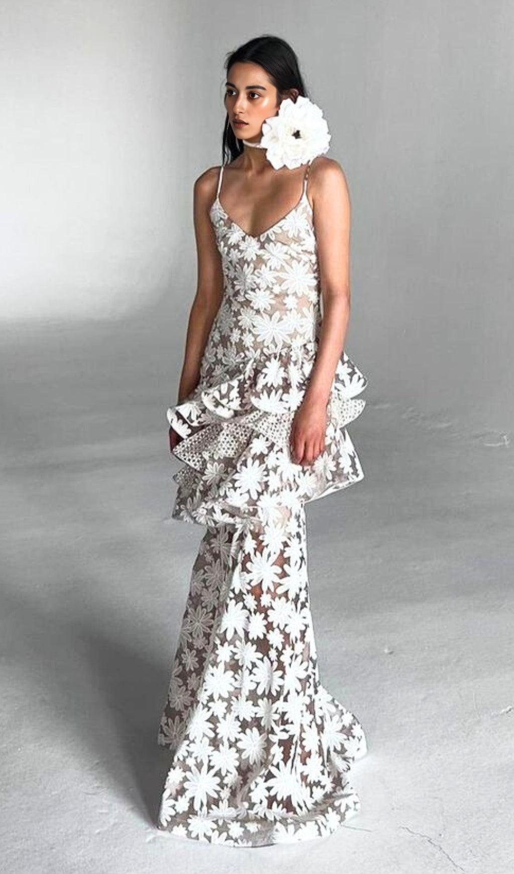 WHITE FLORAL TIERED LACE MAXI DRESS