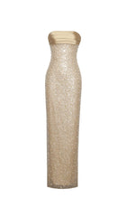 GOLD SATIN SEQUIN PEARLS BEADED MAXI DRESS