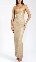 GOLD SATIN SEQUIN PEARLS BEADED MAXI DRESS