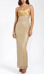 GOLD SATIN SEQUIN PEARLS BEADED MAXI DRESS