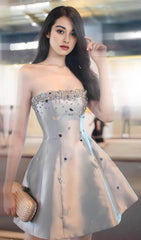 GREY CRYSTAL-EMBELLISHED STRAPLESS MINI DRESS