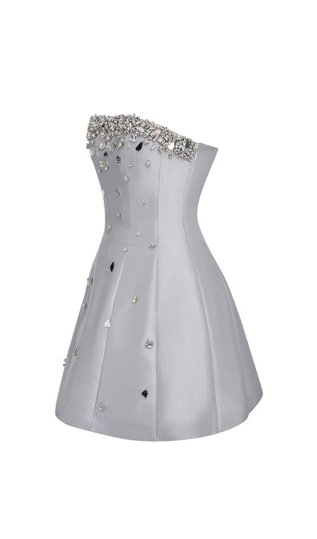 GREY CRYSTAL-EMBELLISHED STRAPLESS MINI DRESS