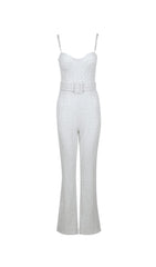 JACQUARD DIAMANTE STRAP FLARED JUMPSUIT WITH BELT