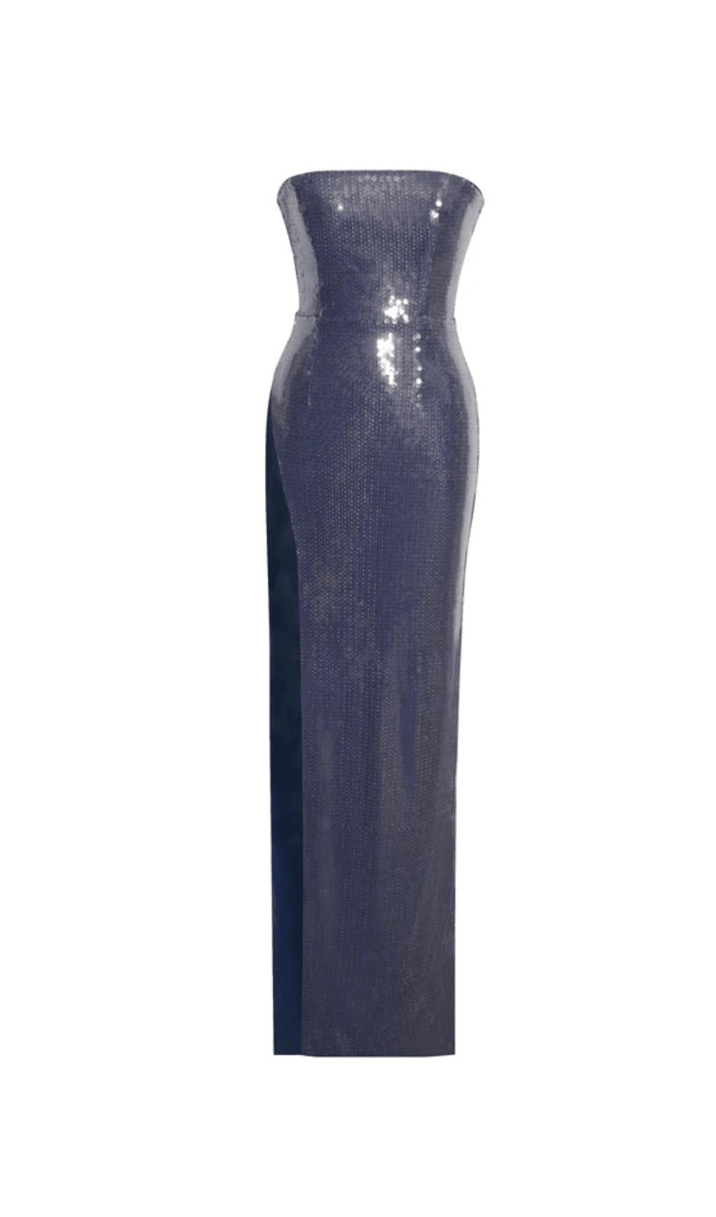 NAVY SEQUIN STRAPLESS HIGH SLIT MAXI DRESS