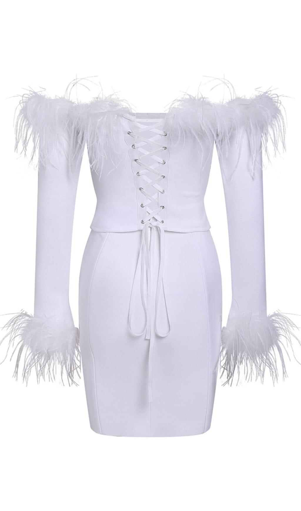 FEATHER CORSET MINI DRESS IN WHITE