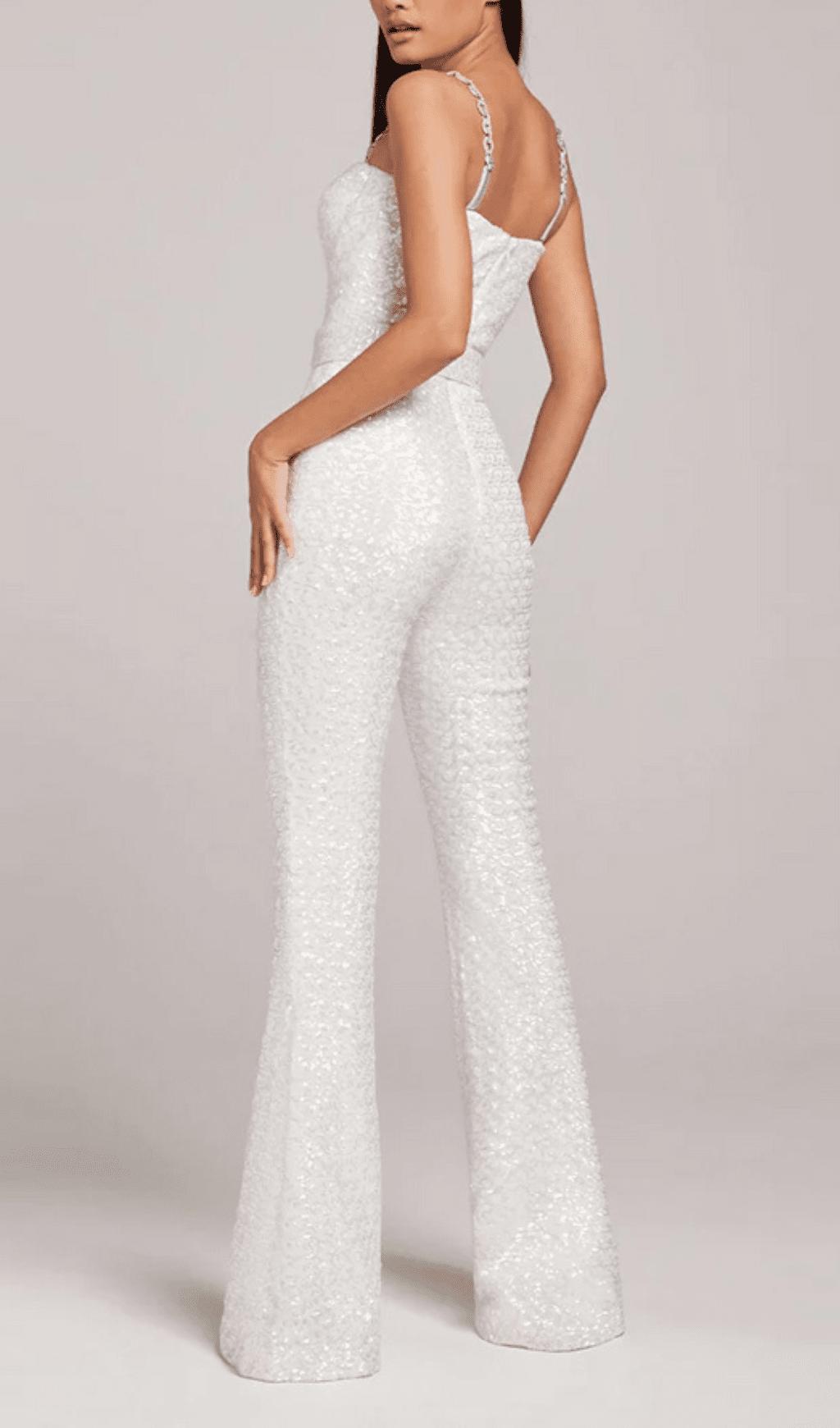 SEQUINED DIAMANTE STRAP FLARED JUMPSUIT WITH BELT IN WHITE