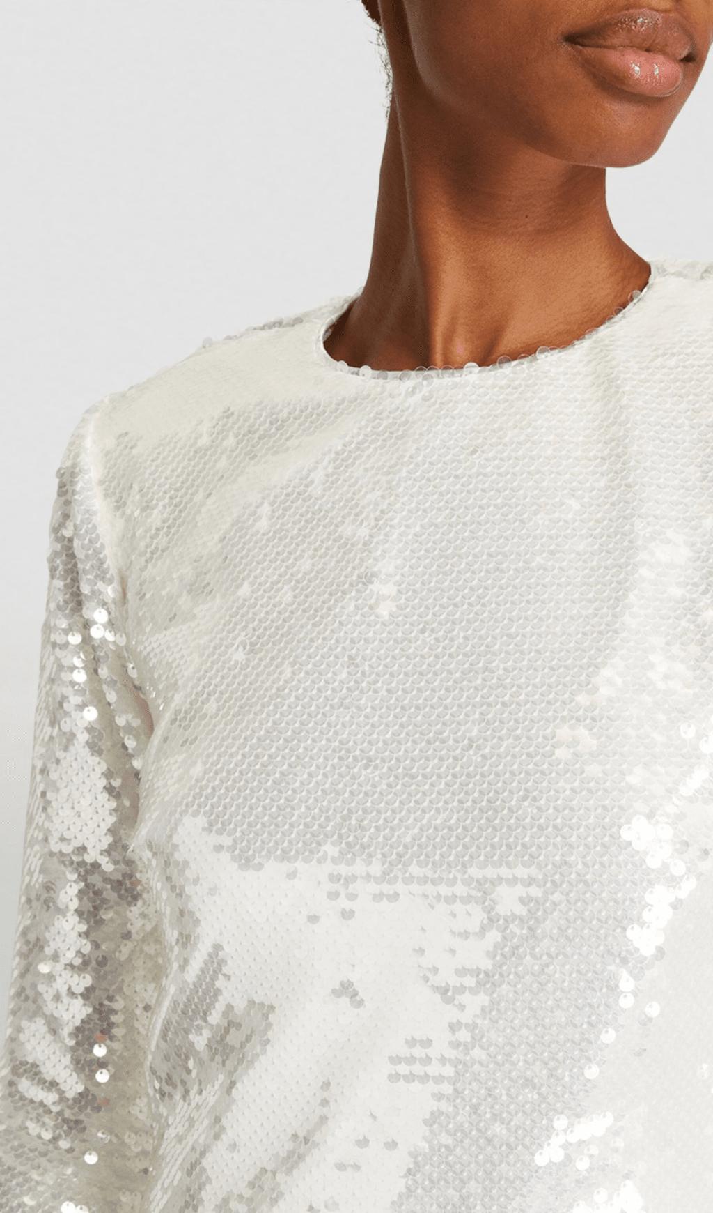 WHITE LONG SLEEVE FEATHER SEQUINNED MIDI DRESS