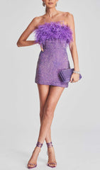 SEQUIN FEATHER STRAPLESS MINI DRESS IN PURPLE