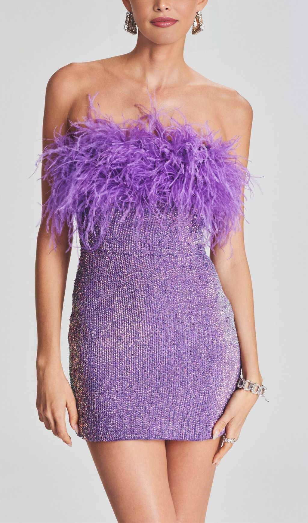 SEQUIN FEATHER STRAPLESS MINI DRESS IN PURPLE