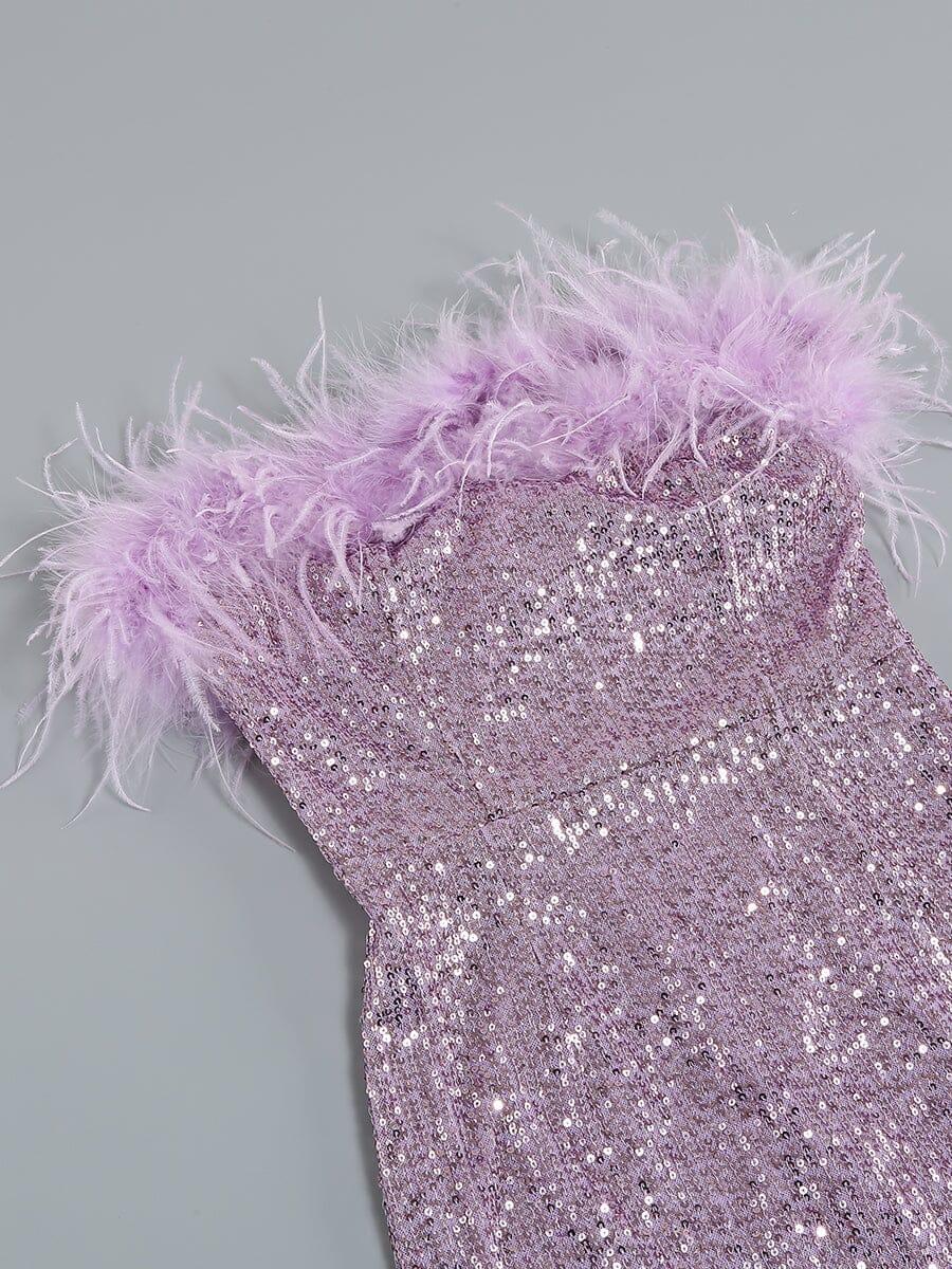 SEQUIN FEATHER STRAPLESS MINI DRESS IN PURPLE