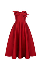 RED FLARED SEMI-HEART NECK TAFFETA MIDI DRESS