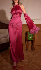 HALTERNECK FEATHER SATIN DRESS IN PINK