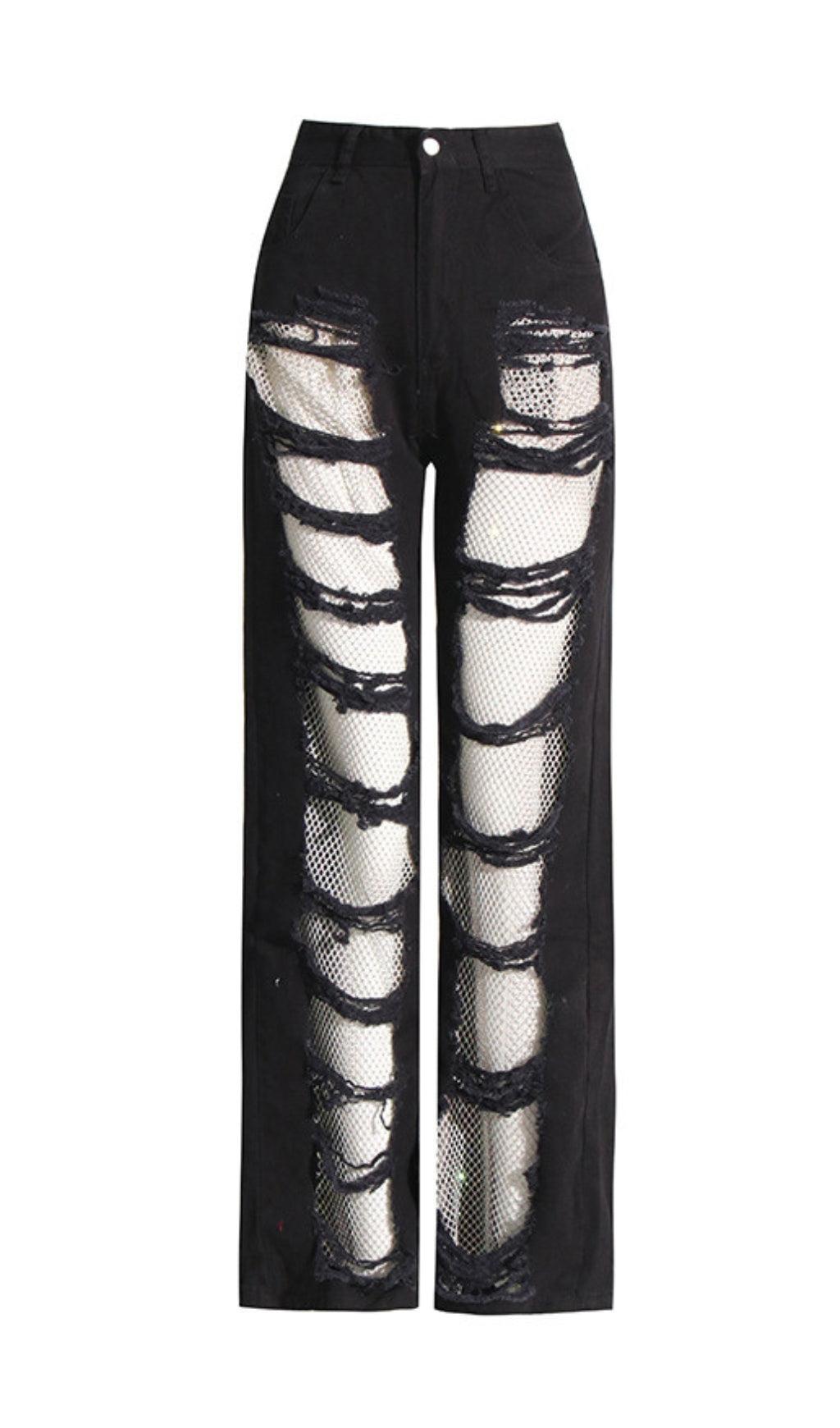 DIAMOND MESH PATCHWORK DENIM PANTS