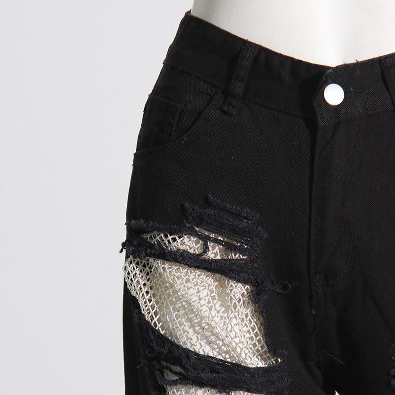 DIAMOND MESH PATCHWORK DENIM PANTS