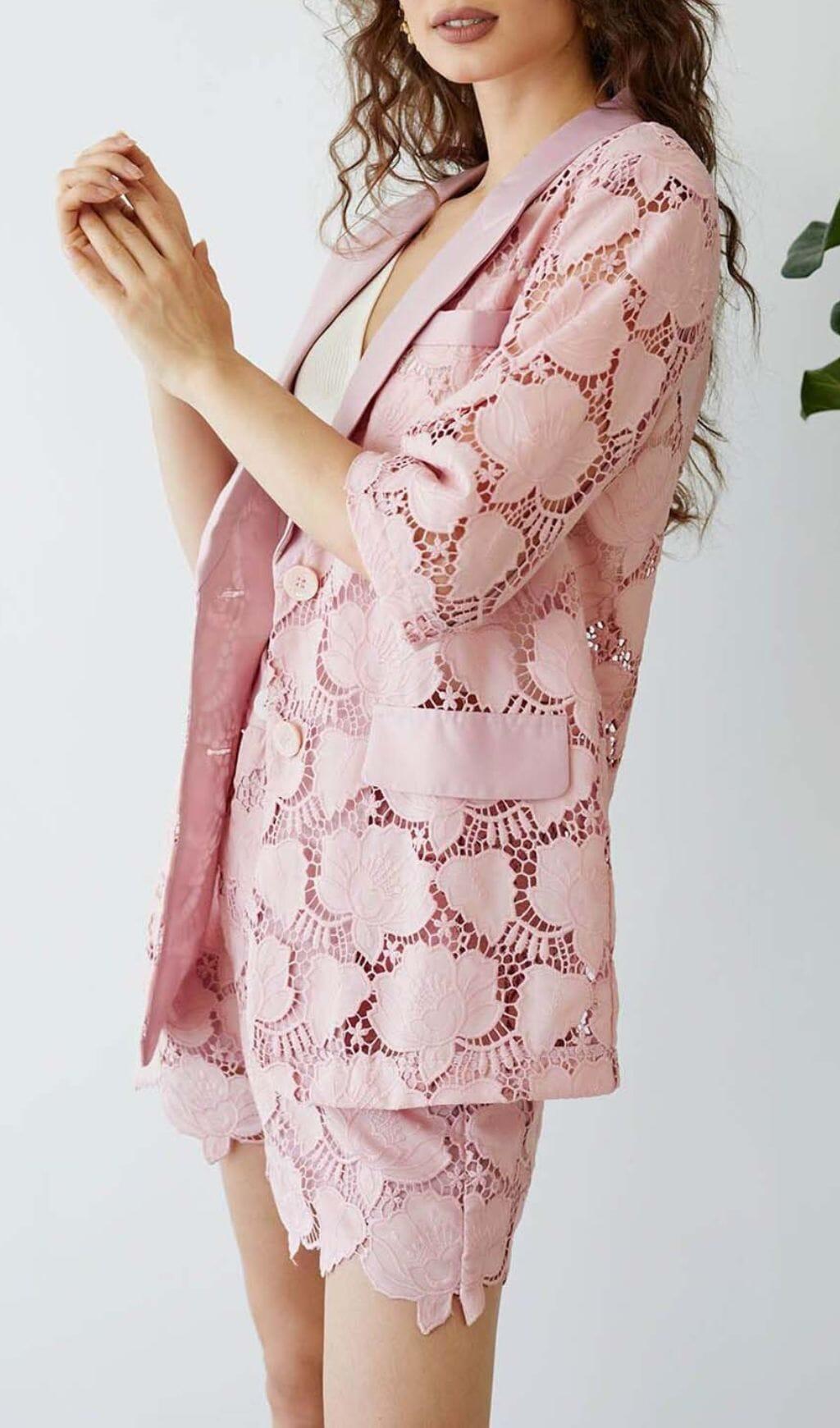 FLORAL EMBROIDER JACKET DRESS SET IN PINK