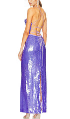 SEQUIN BACKLESS MAXI DRESS IN PURPLE