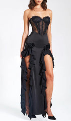 BLACK SATIN LACE CORSET MAXI DRESS