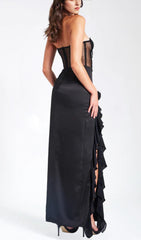 BLACK SATIN LACE CORSET MAXI DRESS