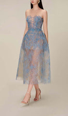 BLUE FLORAL LACE EMBROIDER MIDI DRESS