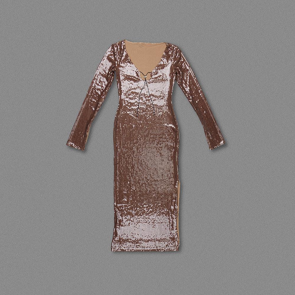 BROWN CUT OUT SEQUIN MAXI DRESS