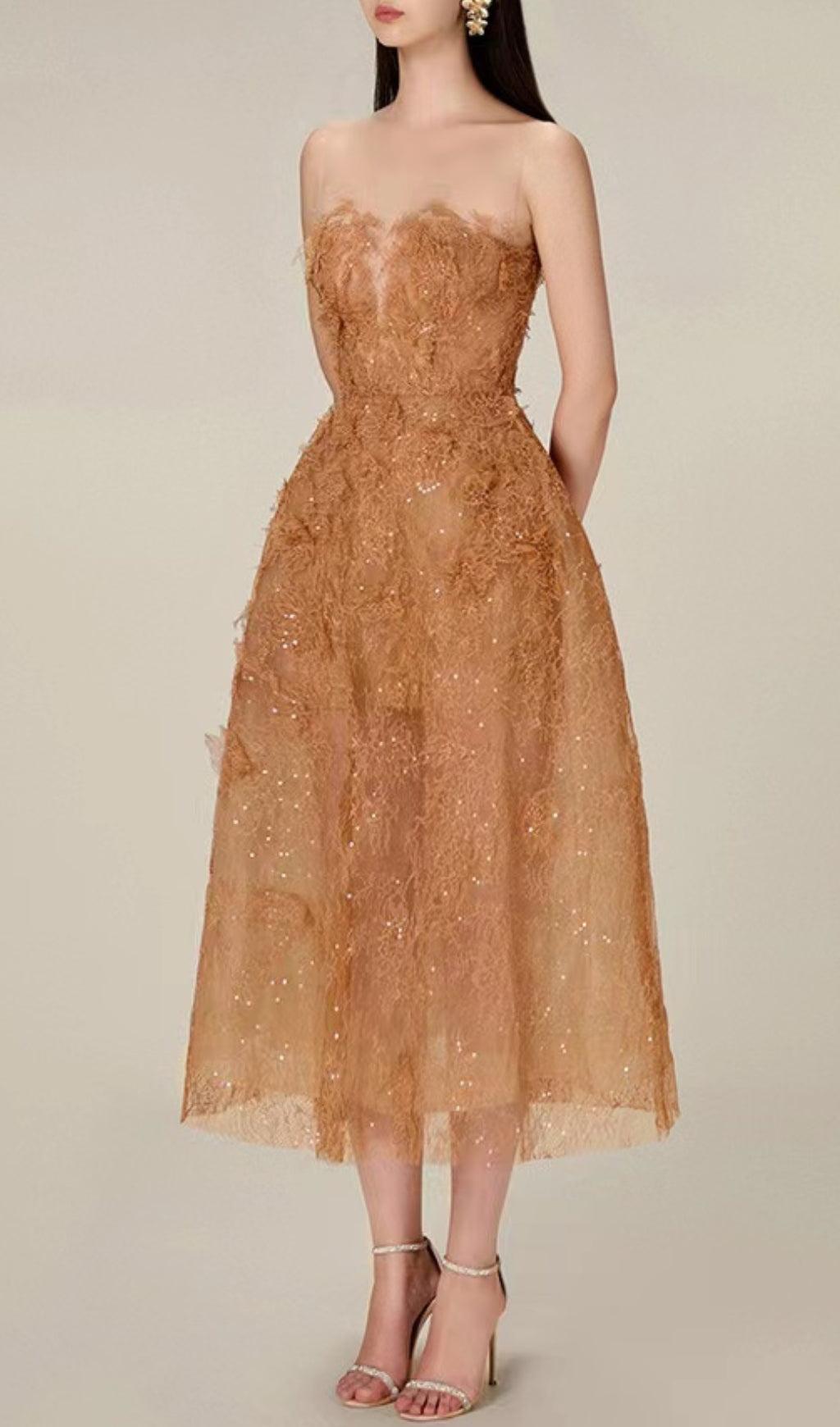 CARAMEL FLORAL LACE EMBROIDER MIDI DRESS