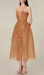 CARAMEL FLORAL LACE EMBROIDER MIDI DRESS