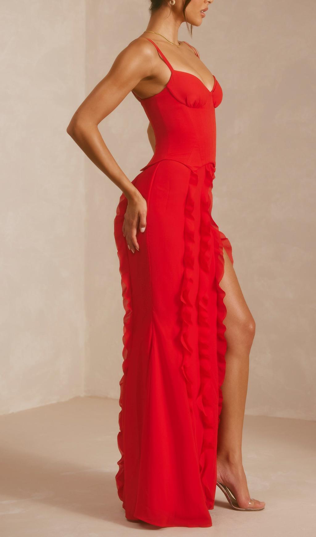 CORSET FRILL SKIRT MAXI DRESS IN SCARLET RED